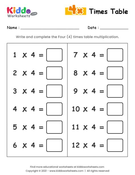 Multiplication Table 4 Worksheet Pdf | Elcho Table