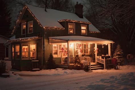 A House Decorated with Christmas Lights in the Snow. Generative AI ...