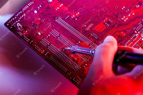 Premium Photo | A man soldering a motherboard repair and maintenance of ...