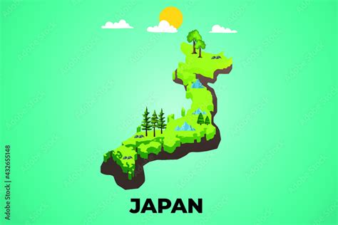 Japan 3d isometric map with topographic details mountains, trees and soil vector illustration ...