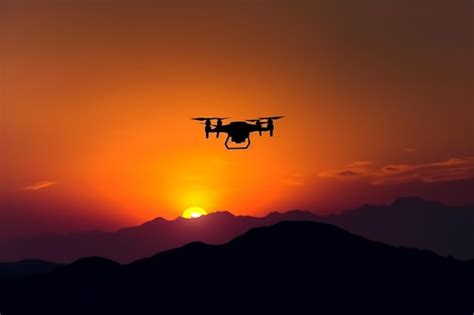 Premium AI Image | Silhouette of flying drone in glowing golden sunset sky