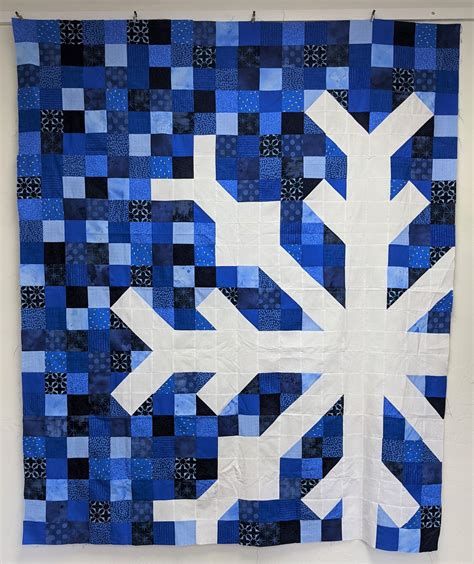 a blue and white quilt with a snowflake design on the front, hanging from a wall