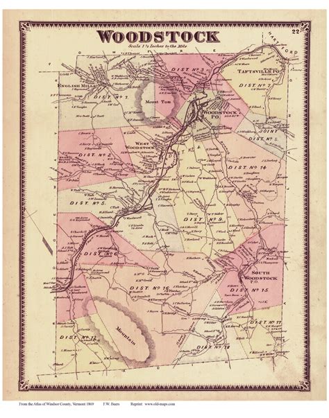 Woodstock, Vermont 1869 Old Town Map Reprint - Windsor Co. - OLD MAPS