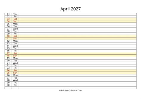 Download Lined April Calendar 2027, weeks start on Sunday