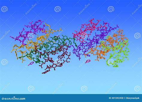 Human Insulin. Molecular Model on Blue Background. Rendering with Differently Colored Protein ...