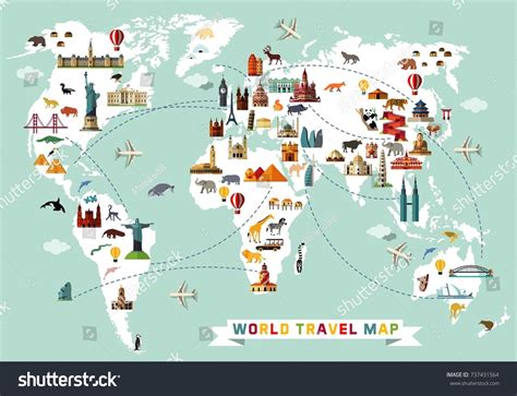 Cartoon world map with animal and sightseeing attractions. Vector ...