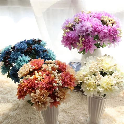 Silk flower wedding bouquet roses dahlias Artificial flowers fall vivid fake leaf wedding flower ...