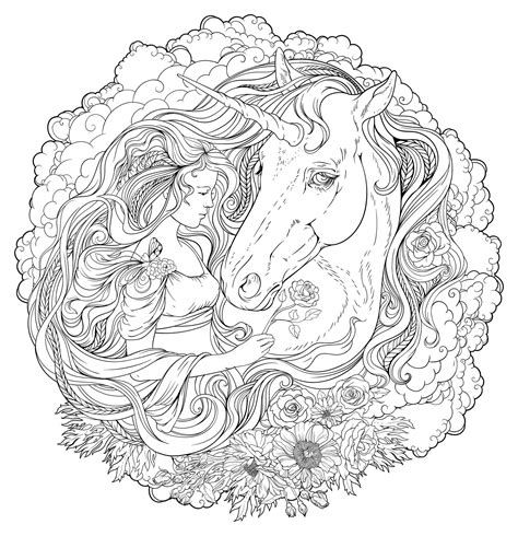 Unicorn & Girl in the clouds - Difficult Mandalas (for adults)