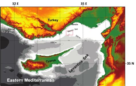 Map of the study area off southeast Turkey. Squares and circles ...