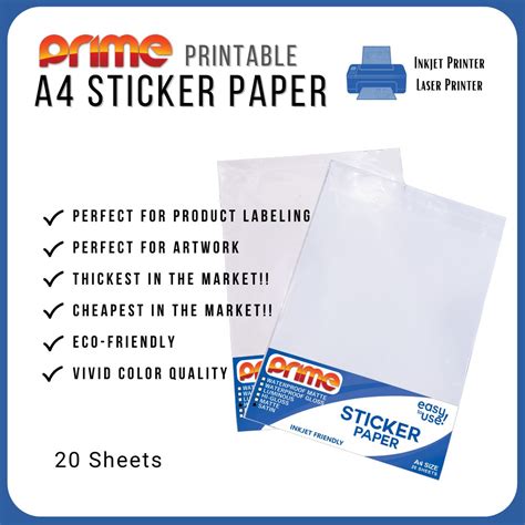 [10-20 Sheets] Prime Printable A4 Sticker Paper Hi-Gloss/Satin /Matte 165-180 GSM | Shopee ...