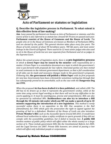 A1Law-Acts of Parliament - Acts of Parliament or statutes or legislation Q. Describe the ...