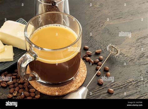 bulletproof coffee, keto beverage with grass fed butter Stock Photo - Alamy