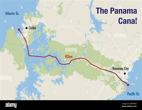 Carte du canal de Panama, illustrant la route entre le Pacifique et l'océan Atlantique Photo ...