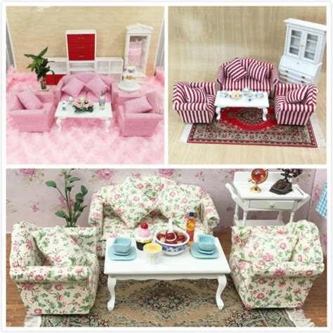 1:12 doll house miniatures mini furniture model living room scene sofa with tea table 4 pcs/ set ...