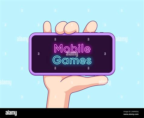 Cartoon human hand keeps and shows touchscreen phone with neon text Mobile Games on the display ...