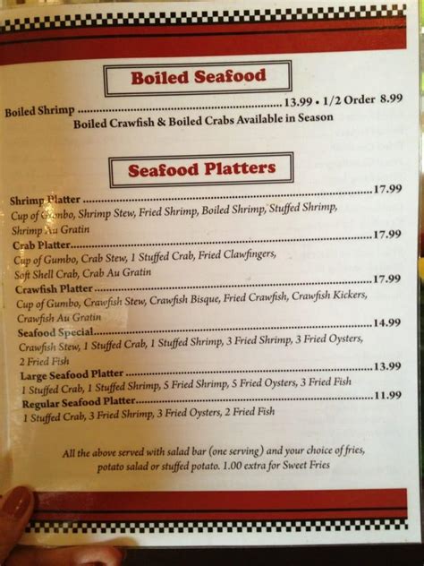 Menu at Landry's Seafood restaurant, Pierre Part