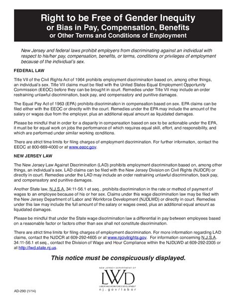 Free New Jersey Right to be Free of Gender Inequity or Bias in Pay Labor Law Poster 2025