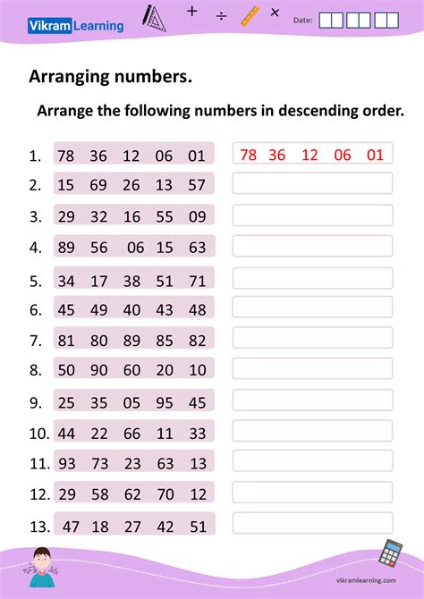 Download arranging numbers in ascending order, and descending order worksheets | vikramlearning.com