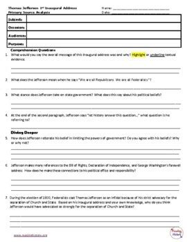 Thomas Jefferson Inauguration Speech Analysis- SOAP by Reading History