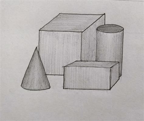 Draw a step drawing of a 3d composition using a cone cylinder cube and ...