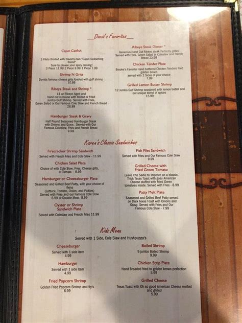 Menu at David's Catfish House restaurant, Thomasville