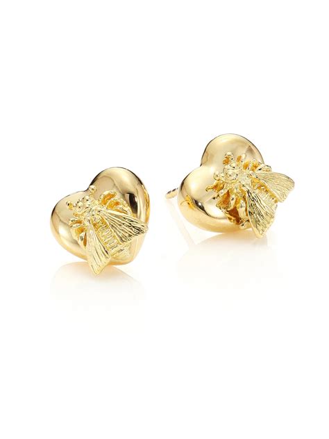 Gucci 18k Yellow Gold Bee Heart Stud Earrings in Metallic | Lyst