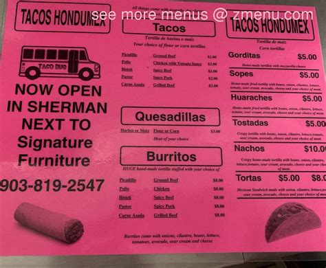 Online Menu of Taco Hondumex - Taco Bus Restaurant, Denison, Texas, 75020 - Zmenu