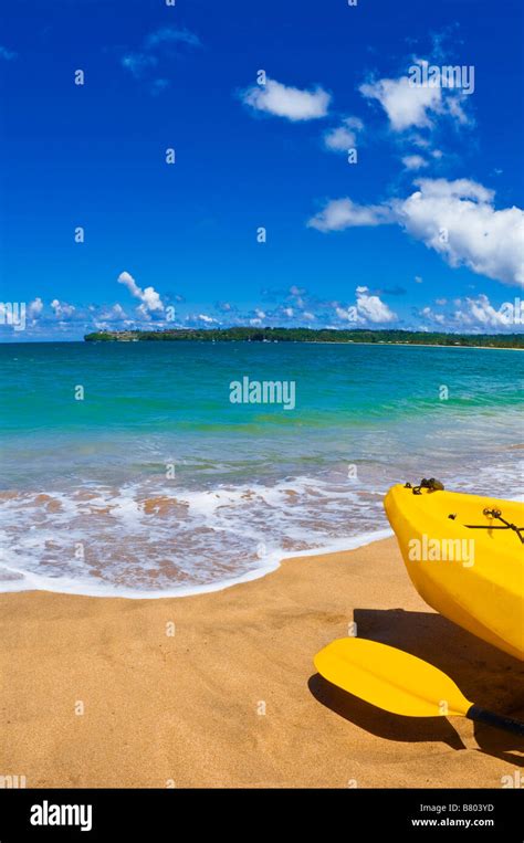 Kayak and paddle on beach on Hanalei Bay Island of Kauai Hawaii Stock ...