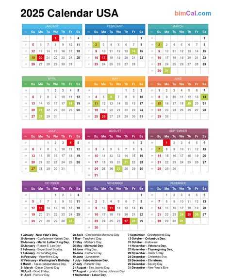 2025 Calendar USA - bimCal