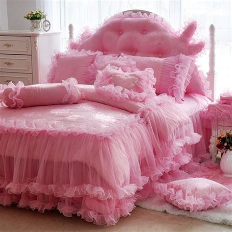 Elegant Girls Pink Ruffle Fluffy Lace Design Luxury Princess Style Twin, Full, Queen Size ...