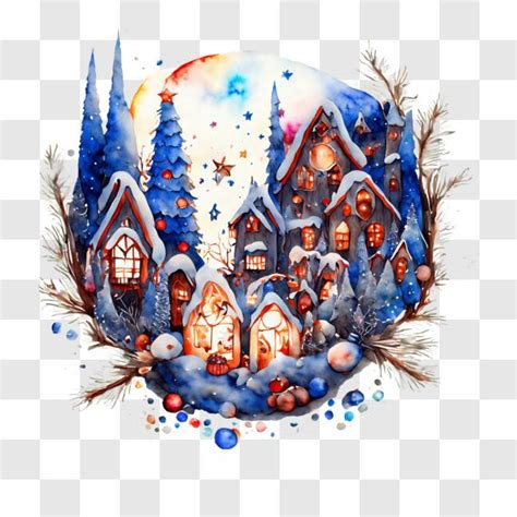 Download Snowy Village Watercolor Painting for Holiday Decor PNGs Online - Creative Fabrica