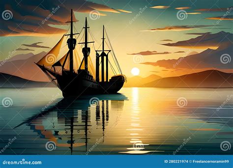 Sailing Boat in the Sea at Sunset, 3d Render Illustration, Abstract ...