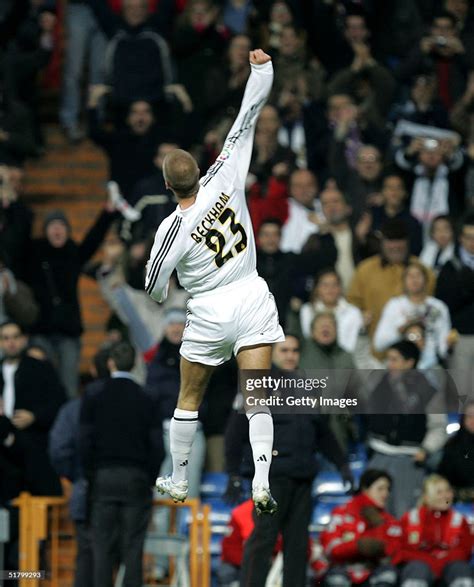 David Beckham of Real Madrid celebrates after scoring a goal during ...