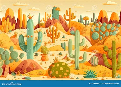 Illustration of Desert with Cactus on a Background of Mountains Stock ...