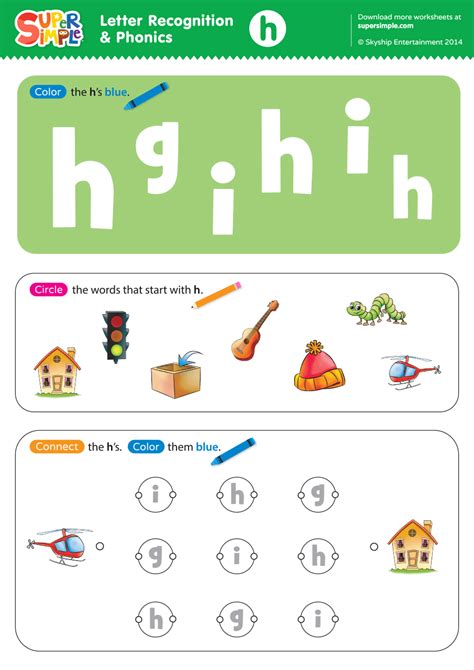 Letter Recognition & Phonics Worksheet - h (lowercase) - Super Simple