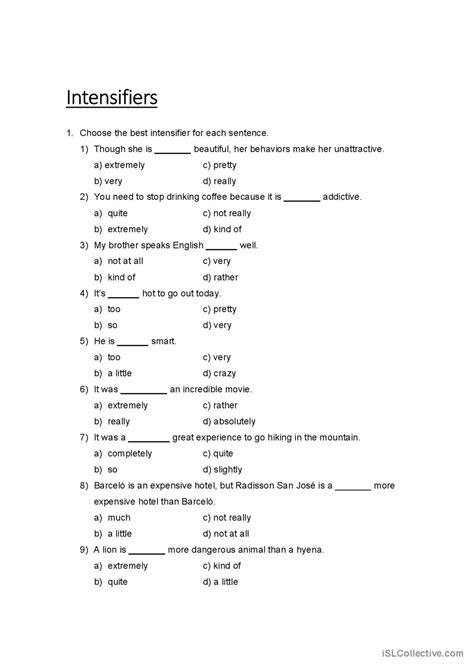 Intensifiers exercises: English ESL worksheets pdf & doc