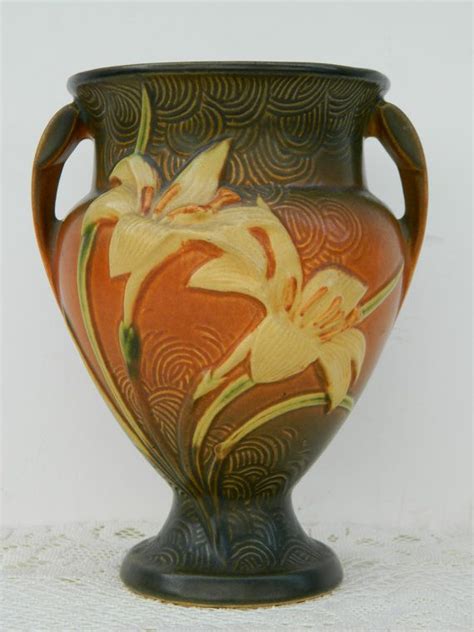 Antique Roseville Zephyr Lily Art Pottery Vase 202-8" in Warm Brown (Sienna) and Green Tones ...