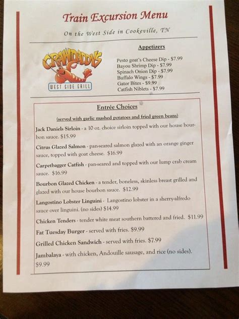 Menu at Crawdaddy's pub & bar, Cookeville