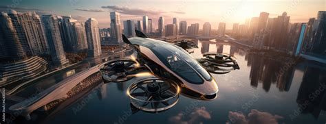 futuristic manned roto passenger drone flying in the sky over modern ...