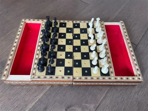 VINTAGE CHESS SET Marquetry Details Folding Board Mini Travel Handmade Slide Out $32.10 - PicClick