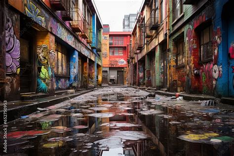 Graffiti-covered alleyway with vibrant street art, Generative AI Stock ...