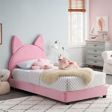 VECELO Kids Children Upholstered Bed Frame, Cat Shape, Twin Size ...