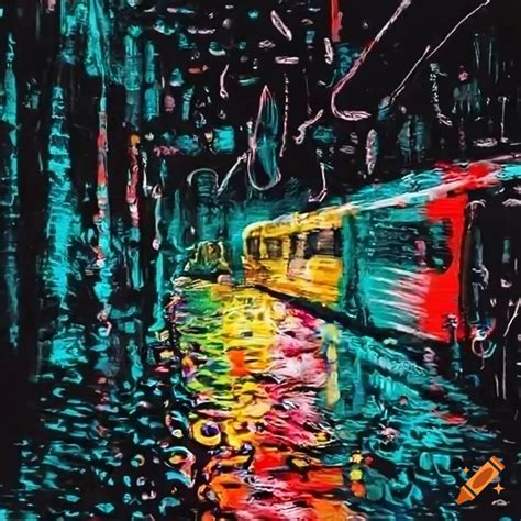 Empty train tracks with a prominent rock band and music notes in retro psychedelic colors on Craiyon