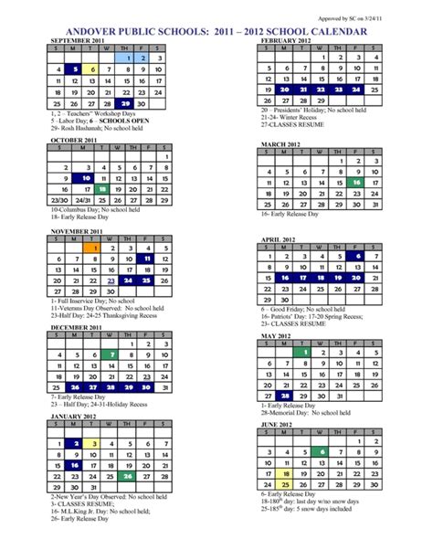 Andover, MA Public School Calendar for 2011-12