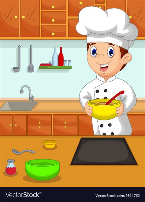 Funny chef cartoon bring bowl in the kitchen Vector Image