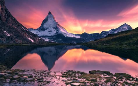 Wallpaper Matterhorn, beautiful sunset landscape, mountain, lake, water ...