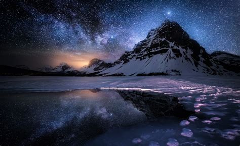 Download Sky Milky Way Star Starry Sky Ice Snow Lake Mountain Nature Winter Wallpaper