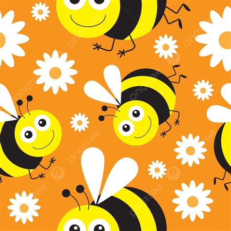 Funny Cartoon Bee And White Daisy Flowers On Bright Background, Nature ...