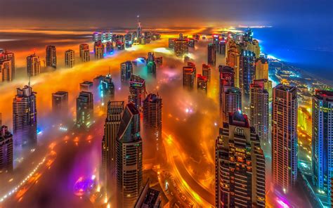 Download wallpapers Dubai, UAE, bright colored city lights, metropolis, skyscrapers above the ...