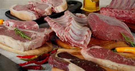 The Range of Different Types of Raw Meat Rotates. Stock Footage - Video ...